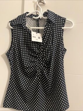 NWT Navy Polka Dot Sleeveless Ruched Blouse